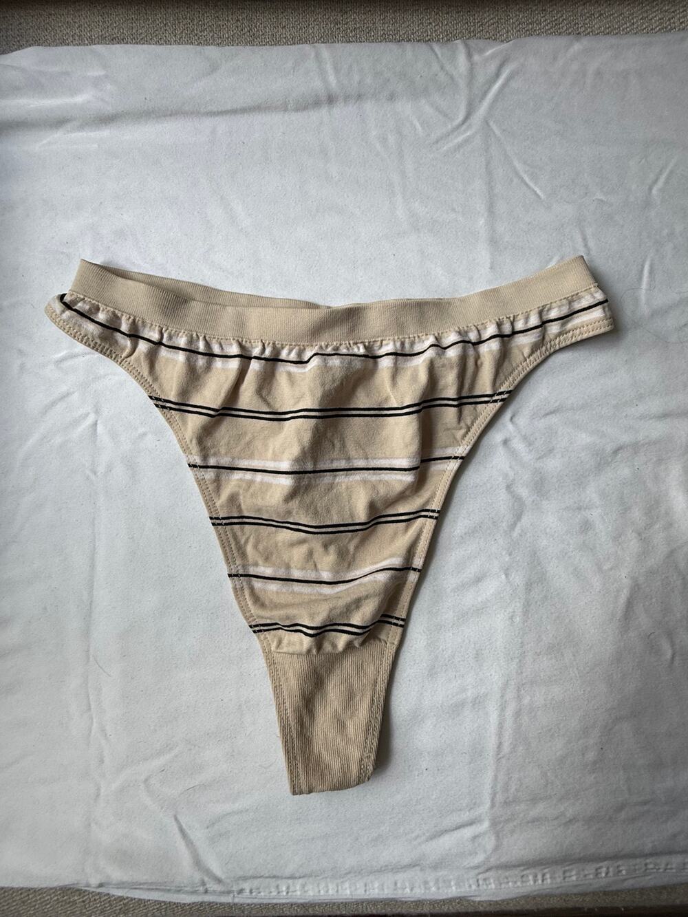 Vintage Y2K High Cut Stripe Thong Panty Beige Microfiber Tactel Size S